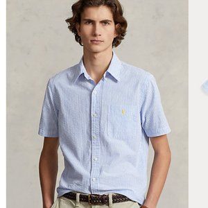 Ralph Lauren Blue Seersucker Short Sleeve Button Down Classic Fit Size Medium